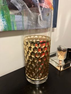 Tall Glass Vase Lamp with Gold Honeycomb Design