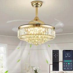 Luxury Smart Retractable Ceiling Fan Crystal Gold Antique
