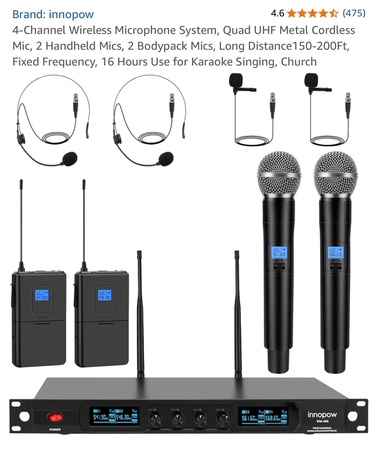 innopow 4-Channel Wireless Microphone System wm-400b