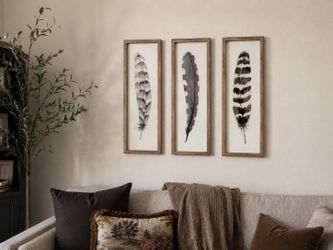 Large Framed Feather Wall Art Set (3) | 36” x 12” Each | Rustic Farmhouse Decor