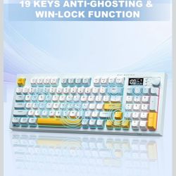 Wireless Gaming Keyboard-Creamy with Rainbow Backlight,3-Mode Connectivity (BT/2.4G/USB-C) with LCD