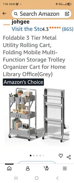 Foldable 3 Tier Metal Utility Rolling Cart, Folding Mobile Multi-Function Storage Trolley Organizer Cart for Home Library Office(Grey)