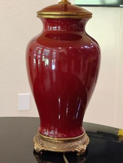 Vintage Ethan Allen Oxblood Red Table Lamp 31.5” with Pleated Shade