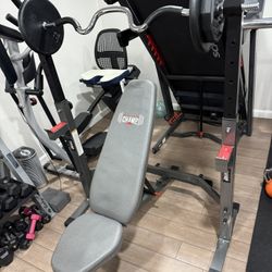 Weight Bench, Squat Rack, Curl Bar And Weights 
