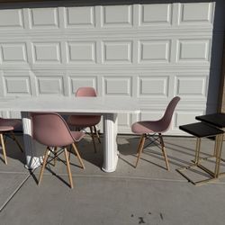 Pink And White Dining Table And Chairs With 2 End Tabes