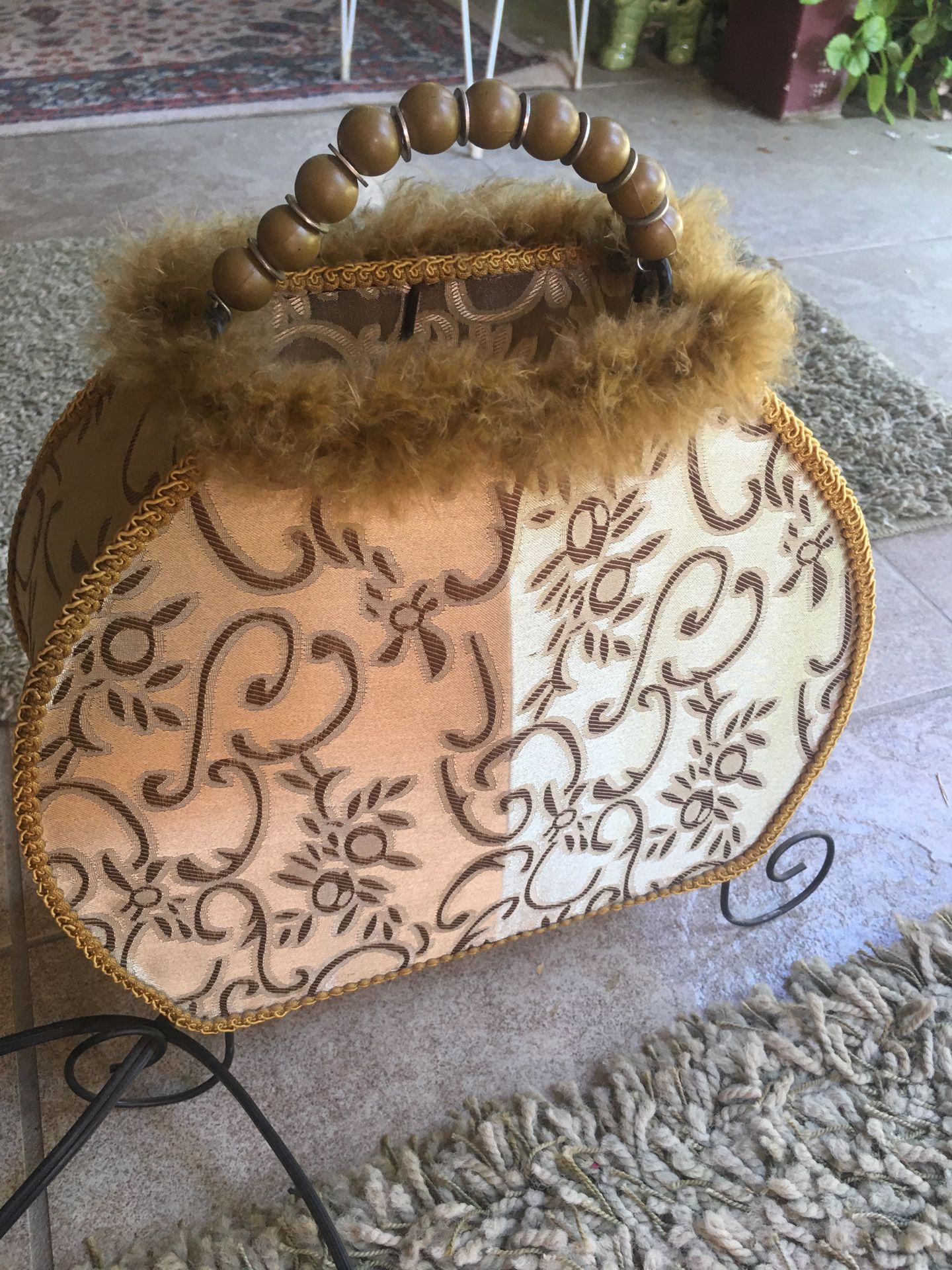 Antique purse LAMP Tan with furry and beaded handle. Super cute! Works perfect On/Off switch