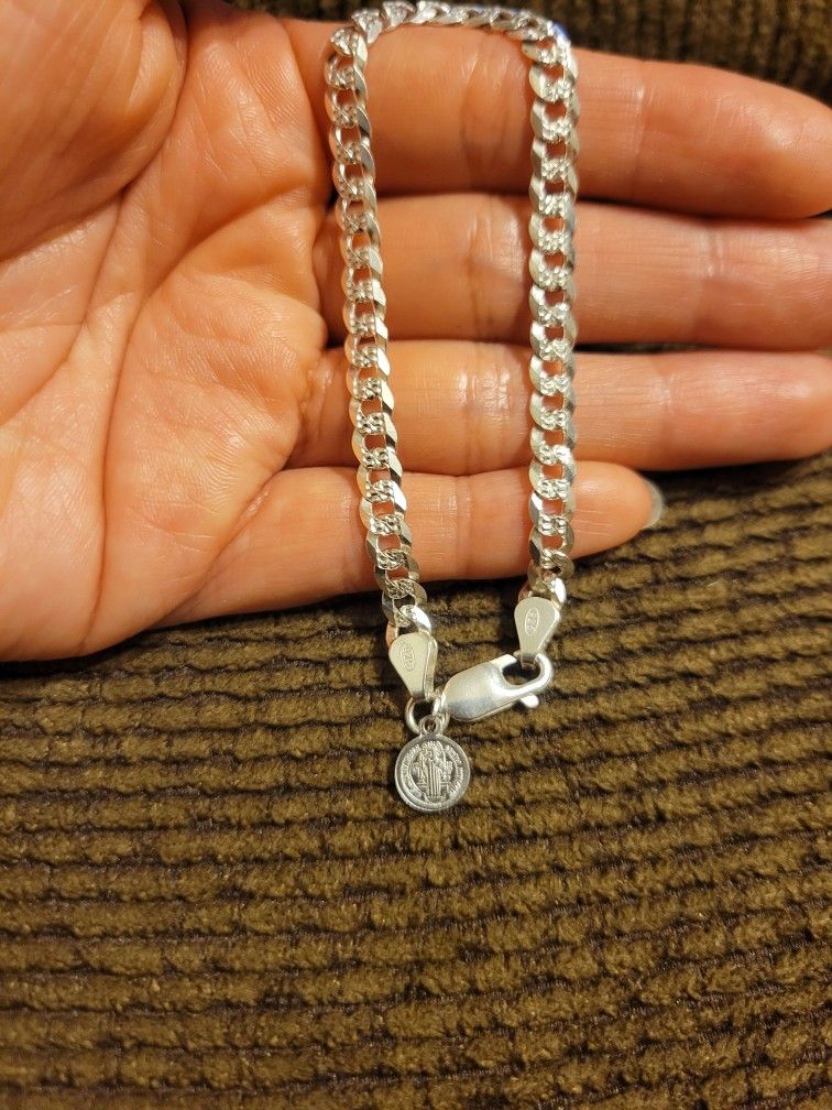 Italy 925 Solid Sterling Silver Diamond Cut Cuban Link Bracelet w/ Saint Benedict Charm for Women 7"
