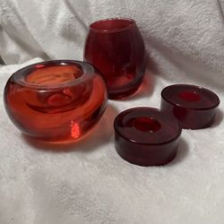 Crate & Barrel  Cranberry And Ruby Red Lead Crystal Candle Holders 2 Glowing Tea-light Holders 2 Candlestick Holders 