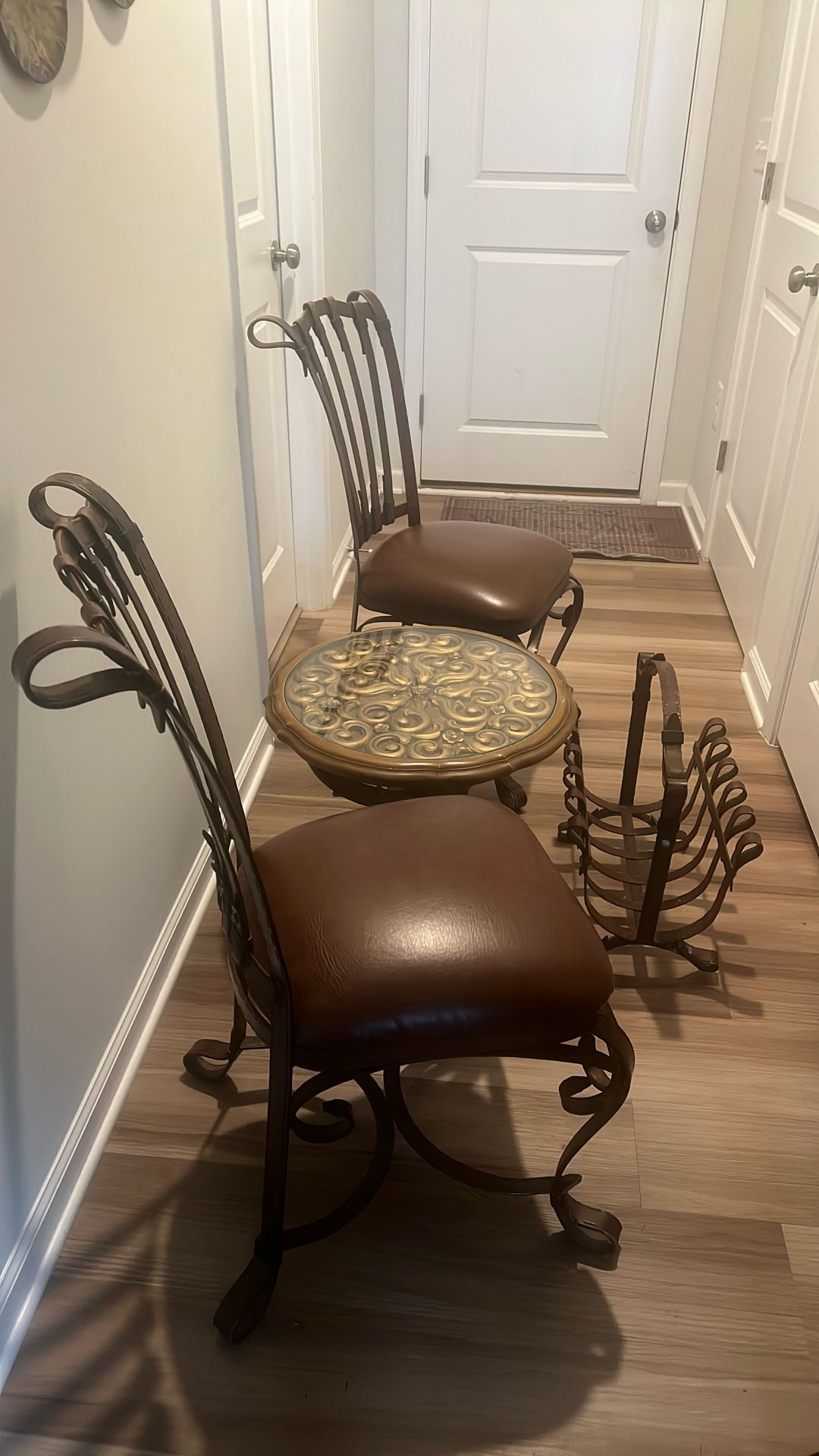 2 Wrought Iron Chairs With Leather Cushion, Magazine Rack, Table