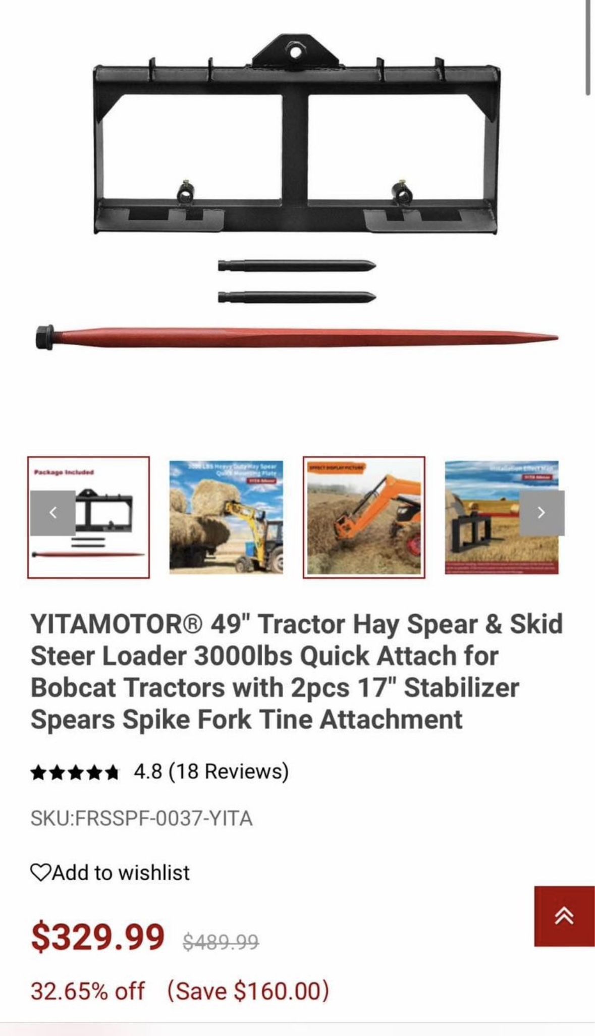 Tractor Hay Spear & Skid Steer Loader 3000lbs Quick Attach for Bobcat Tractors with 2pcs 17" Stabilizer Spears Spike Fork Tine Attachment