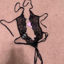 New Medium black lace rhinestone bodysuit lingerie sheerc