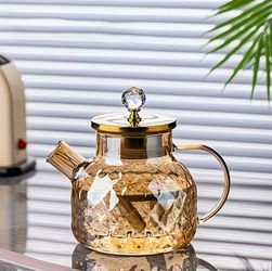 Glass Teapot with Gold Lid and Crystal Knob