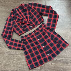 Plaid Long Sleeve Skirt Set 