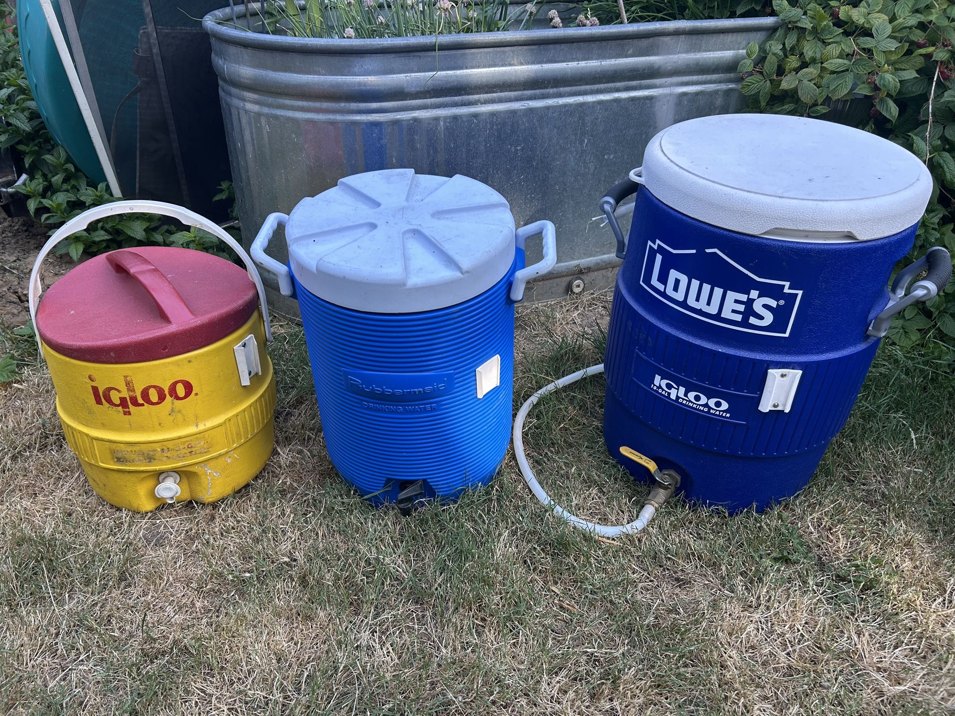 Three water jugs, the yellow and the smaller blue one are $25 each and the larger 12 gallon one is $40. I take cash or Venmo, meet in person somewhere