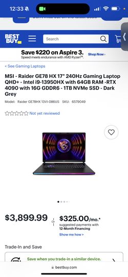 MSI - Raider GE78 HX 17" 240Hz Gaming Laptop QHD+ - Intel i9-13950HX with 64GB RAM -RTX 4090 with 16G GDDR6 - 1TB NVMe SSD - Dark Grey