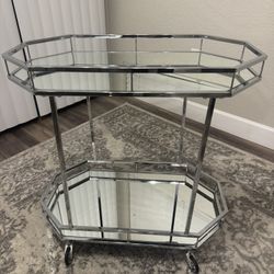 Silver Mirrored/Glass Metal Octagon Bar Cart - On Wheels 