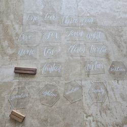 Wedding Table Numbers - Clear & White With Wood Bases