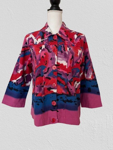 Vtg Choices Jacket Purple/Red Multi Collared Buttons Bead Trim 3/4 Sleeve, Sz M