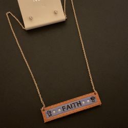18” Goldtone Necklace With Leather (faith) Pendant And Matching Stud Rhinestone Earrings
