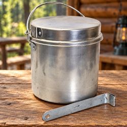 Vtg Aluminum Camping Cook Pot Set With Lid Bail Handle Detachable Handle 10x10"