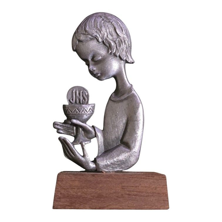 Catholic First Holy Communion Child Pewter Statue JHS Statuette on Wooden Base