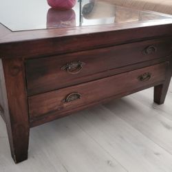Solid Wood Coffee Table with Glass Display Case
