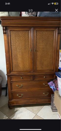 Wood Armoire with Rattan Panel Doors