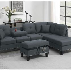 Grey Sectional Sofa With Storage Ottoman (Free Delivery)