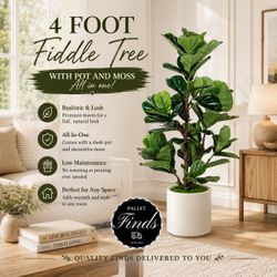 High-end 4Ft Artificial Fiddle Fig Tree In Cylinder Pot with Green Moss