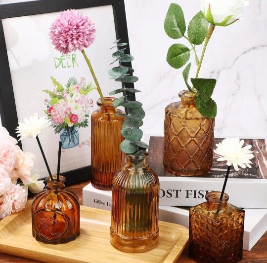 Bud Vase Set of 14 in Bulk Amber Glass Bud Vases for Centerpieces Vintage Amber Mini Flower Vases for Home Centerpieces Wedding Decorations