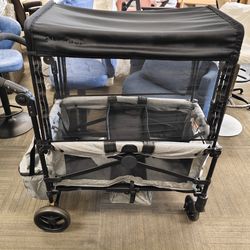 Wagon Stroller for 2 Kids, Foldable All-Terrain Wagon Stroller with Shock-Absorbing Wheels, 5-Point Harness, Removable Canopy & Storage Bag, Portable 