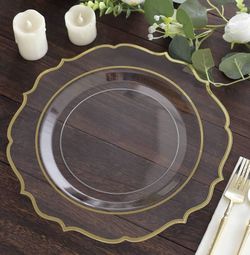 10-Pack Economy Plastic Charger Plates 13" Round Clear with Gold Scalloped Rim