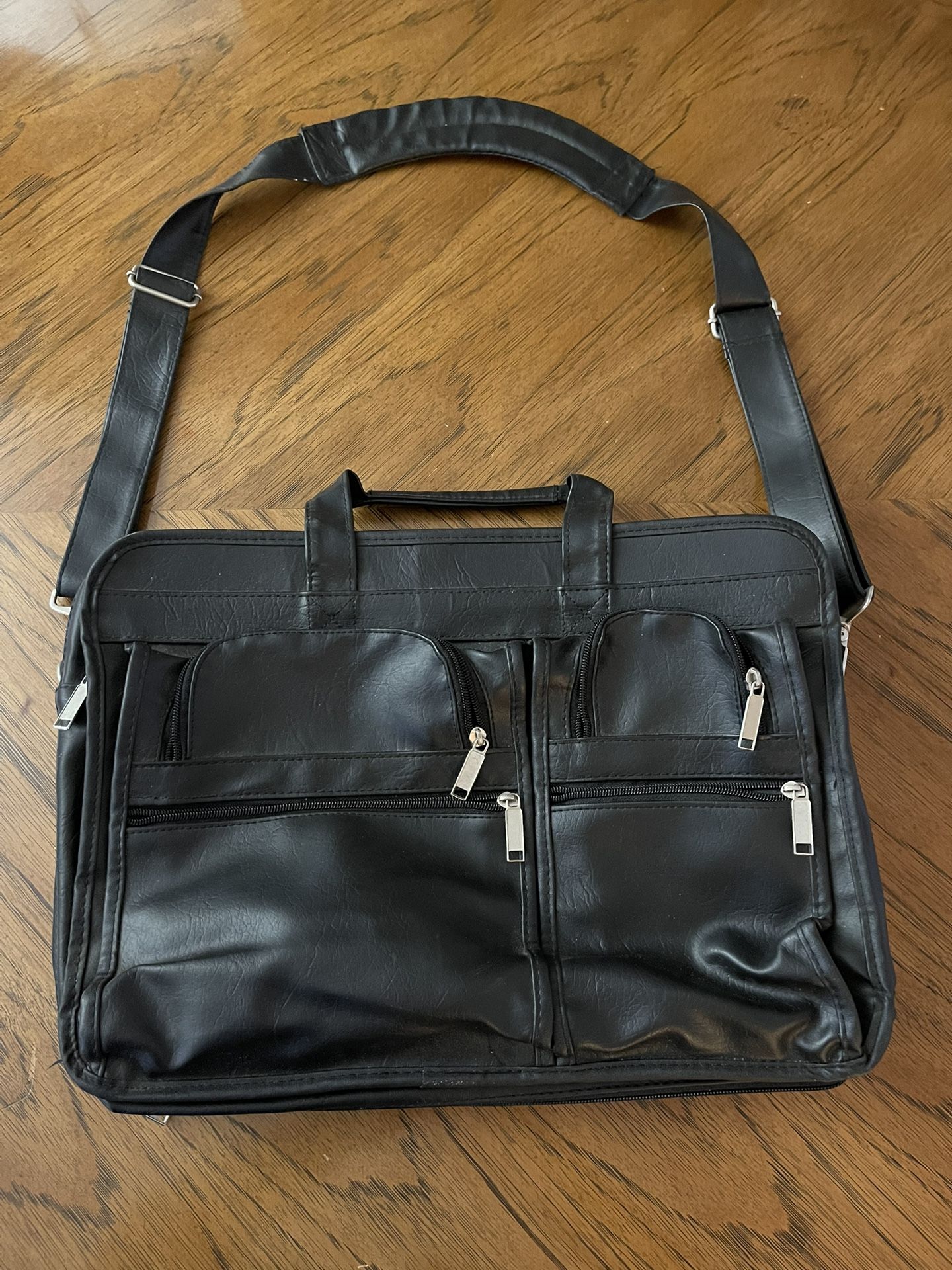 Black Faux Leather Laptop Briefcase Messenger or Travel Bag – Tons of Pockets 