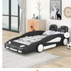 Black Twin Size Race Car-Shaped Platform Bed with Wheels $40 Include Mattress 