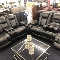 Party Time Midnight LED Power Reclining Living Room Set with Adjustable Headrest (Sofa and Loveseat