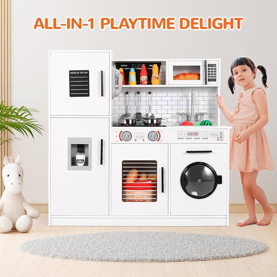 Play Kitchen for Kids, Wooden Chef Pretend Toy Kitchen w/Washing Machine, Water Dispenser, Stove, Real Sound & Light, Telephone, Range Hood, Oven, Sin