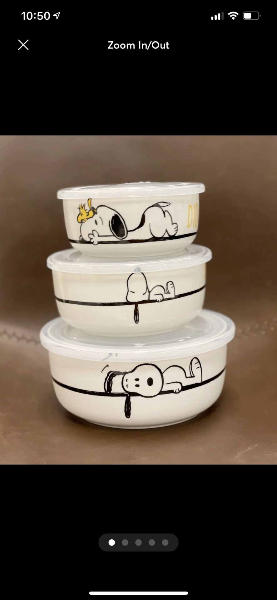 Peanuts Snoopy & Woodstock DID SOMEONE SAY FOOD nesting ceramic food storage bowls with lids. - set of 3