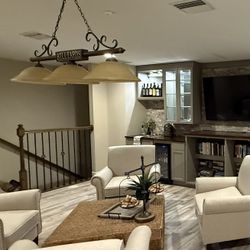 Billiards light fixture and two Wooden Half Moon Wooden Shelf Tables