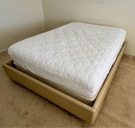 Queen size bed frame, mattress, mattress pad, comforter, pillow and pillow case