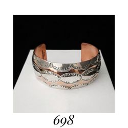 7.75" x 27mm Anthony Begay, Handcrafted Handstamped Solid Sterling Silver Overlay & Copper Southwestern Cuff Bracelet, signed