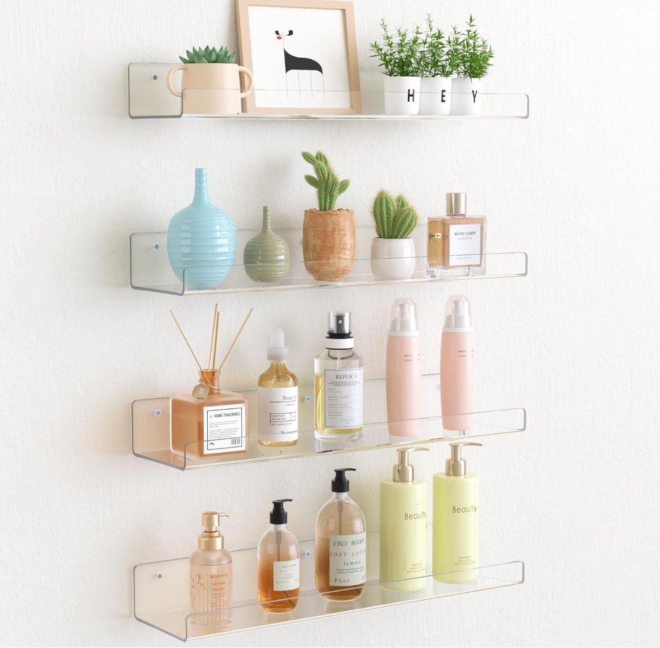 ROWNYEON Skincare Organizers, Bathroom Organizer,4 Pack 15" Floating Shelves Wall Mounted Set of 4 for Small Collectibles, Figurines, Mugs, Succulent 