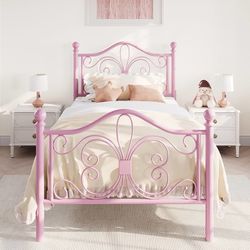 Twin Size Bed Frame for Kids,Metal Bed Frame with Butterfly Pattern Design Headboard and Footboard,No Box Spring Needed,Easy Assembly,Pink  