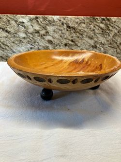  Vintage Munising Wood Bowl 9” Brown Ball Footed Thumbprint Carved Design 