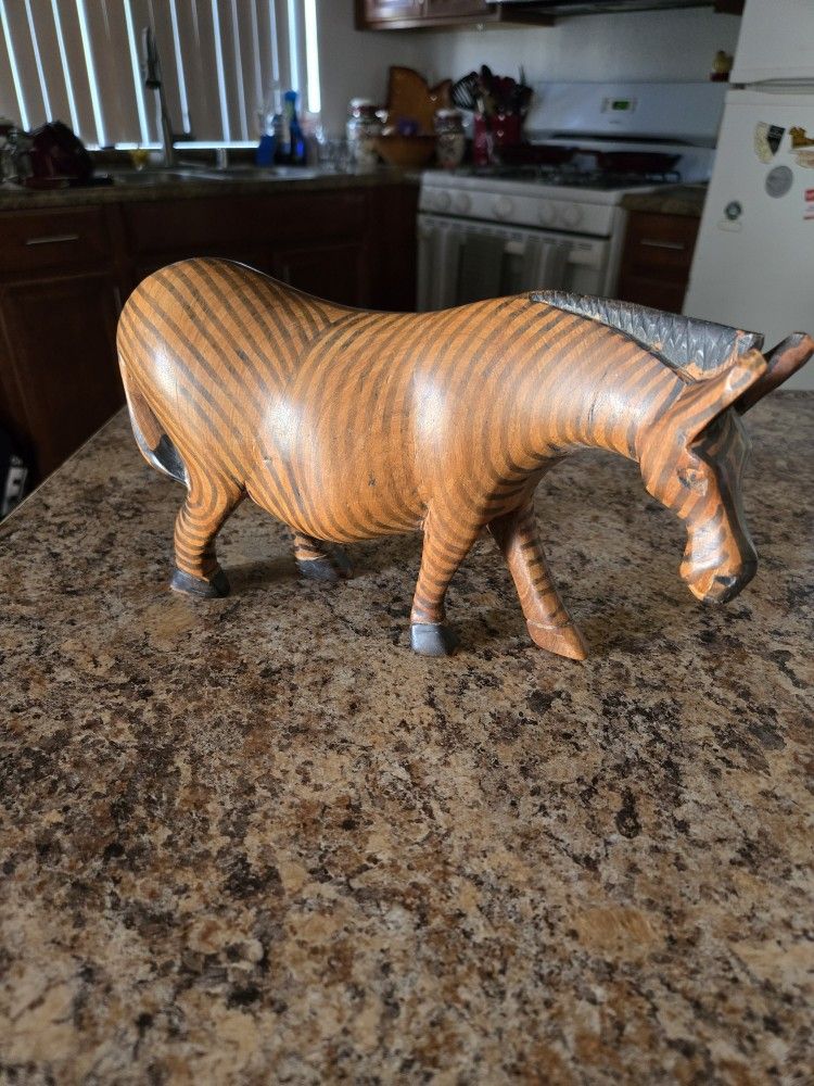Hand carved Wood , Painted brown & black zebra.
