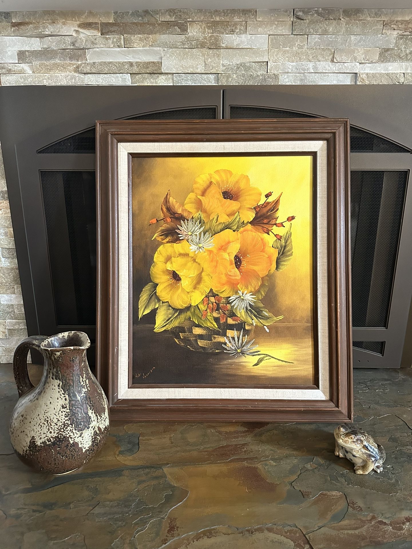 Vintage Oil on Canvas Floral in Basket 1970s wood framed 26 x 22” bohemian boho decor