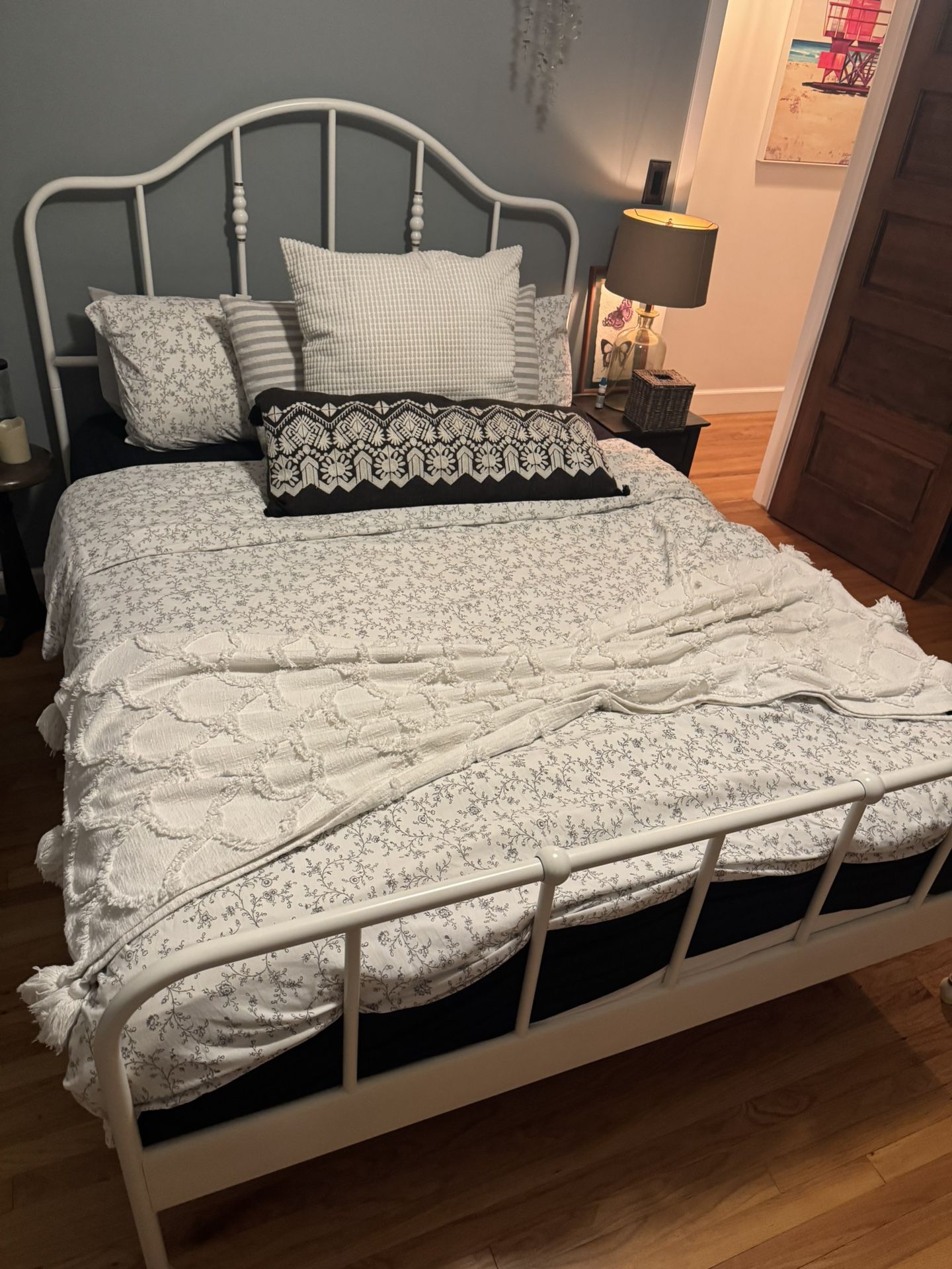 White Metal Bed Frame + Antique Matching Dressers (Cherry Wood)