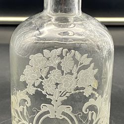 Vtg Crabtree & Evelyn Etched Flowers Glass Vanity Bottle, Silver Cap Cork,