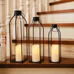 HPC Decor 22"' 19" 16" Lanterns Decorative w/Flickering Timer Candles- Tall Large Black Metal Candle Lanterns Set of 3- Modern Farmhouse Decor for Ind