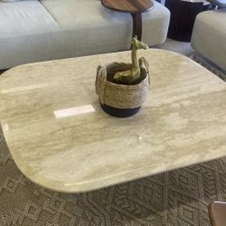 Pauma Travertine Top Coffee Table w/ Wooden Base