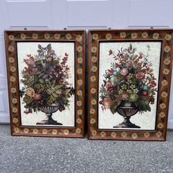 2 Vintage Prints In The Frames With Painted Flowers 